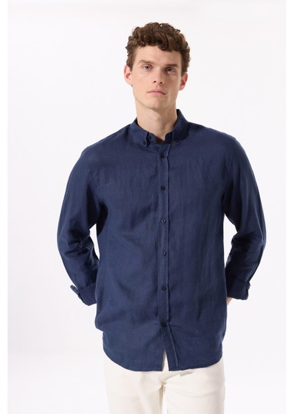 Lacivert Erkek Düğmeli Regular Fit %100 Keten Gömlek F5SM-GML 2767