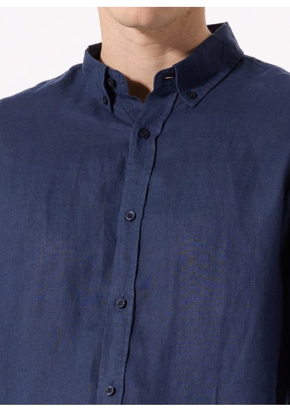 Lacivert Erkek Düğmeli Regular Fit %100 Keten Gömlek F5SM-GML 2767