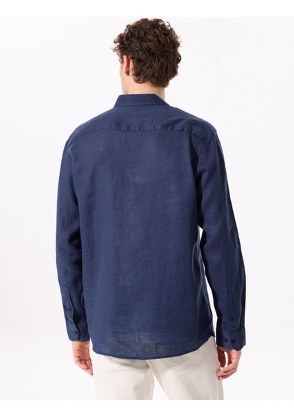Lacivert Erkek Düğmeli Regular Fit %100 Keten Gömlek F5SM-GML 2767