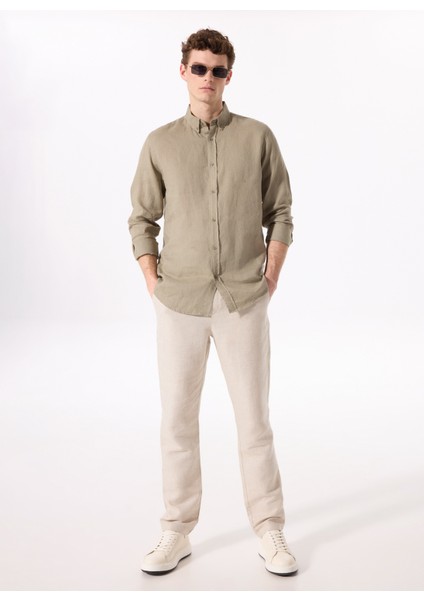 Haki Erkek Düğmeli Regular Fit %100 Keten Gömlek F5SM-GML 2767