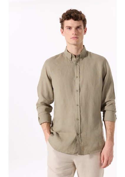 Haki Erkek Düğmeli Regular Fit %100 Keten Gömlek F5SM-GML 2767