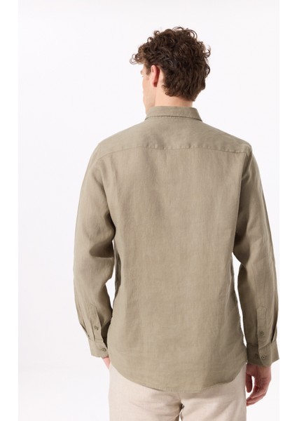 Haki Erkek Düğmeli Regular Fit %100 Keten Gömlek F5SM-GML 2767