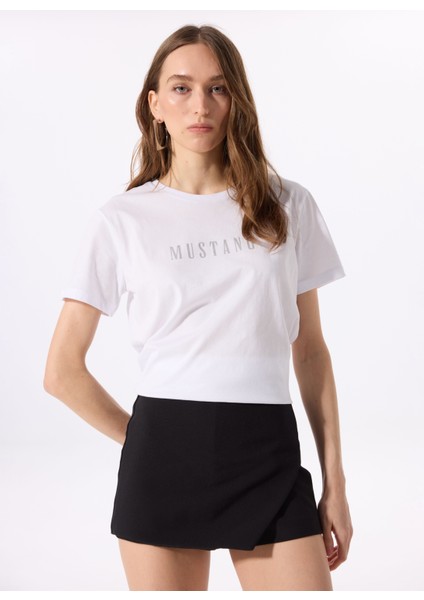 Bisiklet Yaka Baskılı Beyaz Kadın T-Shirt M5SL-TST1833