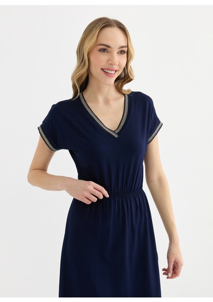 V Yaka Simli Lacivert Standart Kadın Elbise 25YSL7589