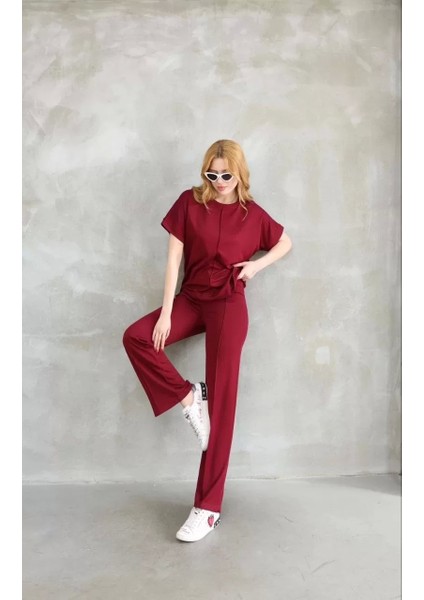 Osy Modal Yumuşak Dokulu Kumaş Bisiklet Yaka Kısa Kollu Takım - Bordo