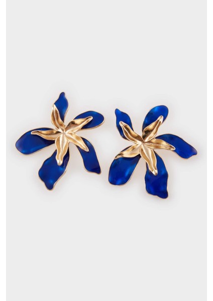 Kadın Mavi Çiçek Motifli Gold Küpe E8029AXNS