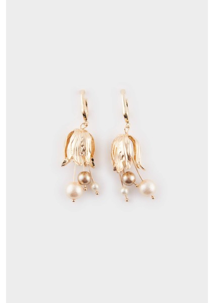 Kadın Çiçek Motifli İncili Gold Küpe E8034AXNS