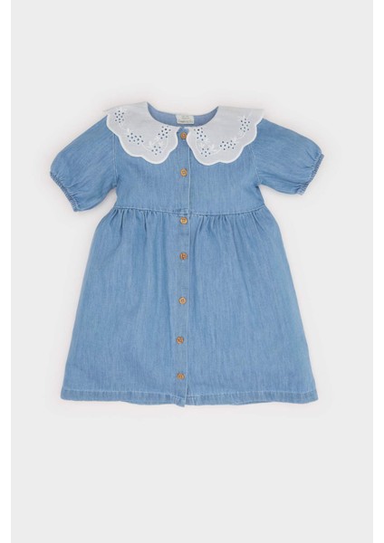 Kız Bebek Geniş Dantel Yakalı Kısa Kollu Yazlık Jean Elbise E7594A525SM