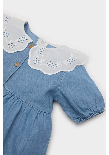 Kız Bebek Geniş Dantel Yakalı Kısa Kollu Yazlık Jean Elbise E7594A525SM