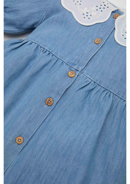 Kız Bebek Geniş Dantel Yakalı Kısa Kollu Yazlık Jean Elbise E7594A525SM