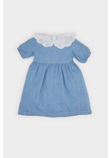Kız Bebek Geniş Dantel Yakalı Kısa Kollu Yazlık Jean Elbise E7594A525SM