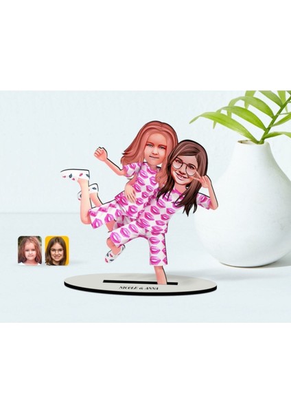 Kişiye Özel Kız Kardeşler Karikatürlü Ahşap Biblo Model-1