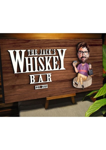 Kişiye Özel Karikatürlü Kabartma Tasarım Ceviz Ahşap Bar Tabelası, Home Bar Tabela, Rustik E