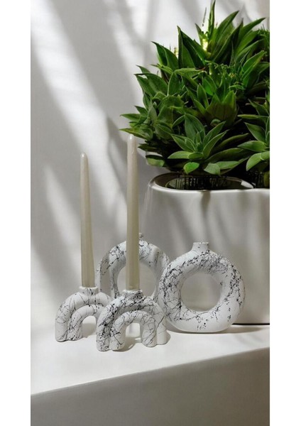 Bohem Tarzı El Yapımı Beyaz Siyah Kırçıl Dekoratif Vazo ve Şamdan Mumluk