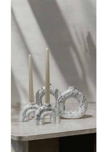 Bohem Tarzı El Yapımı Beyaz Siyah Kırçıl Dekoratif Vazo ve Şamdan Mumluk fiyatları