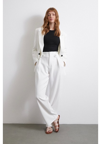 Bel Detaylı Wide Leg Pantolon Ekru