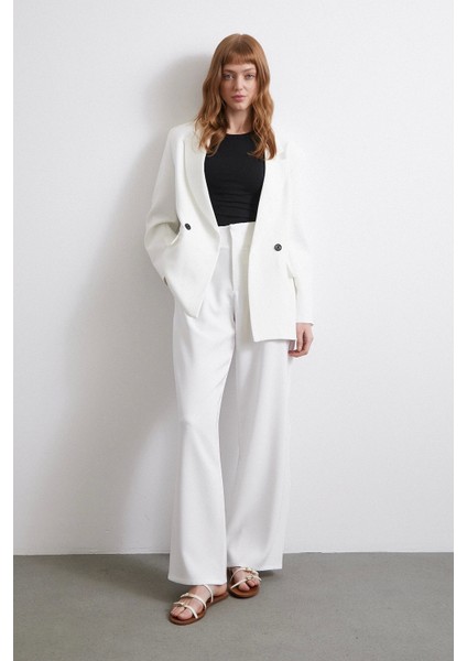 Bel Detaylı Wide Leg Pantolon Ekru