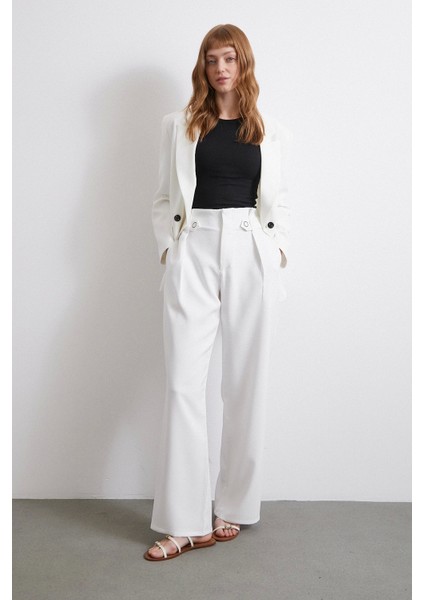 Bel Detaylı Wide Leg Pantolon Ekru