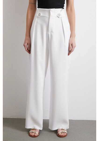 Bel Detaylı Wide Leg Pantolon Ekru