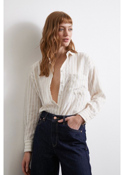 Multi Çizgili Cepli Gömlek Bej