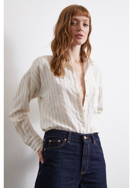 Multi Çizgili Cepli Gömlek Bej fırsatları