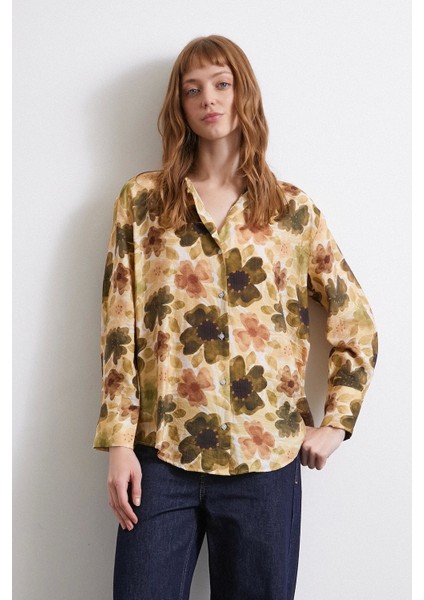 Çiçekli Vual Gömlek Haki modelleri