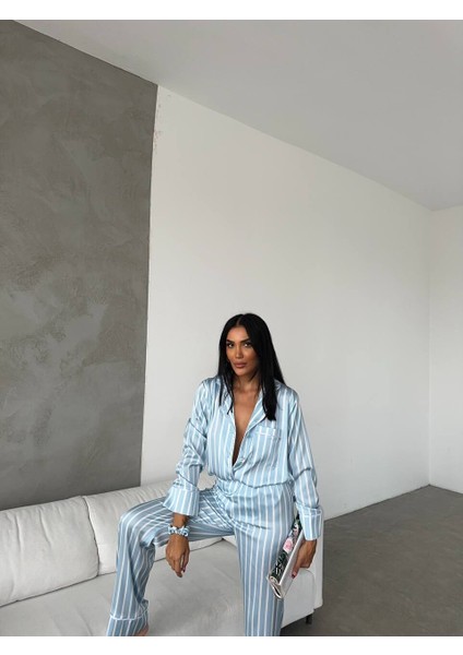 Ipek Saten Pijama Çizgili L - Mavi indirimleri