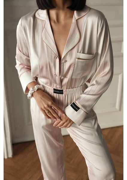 Ipek Saten Pijama Çizgili Xl - Ekru