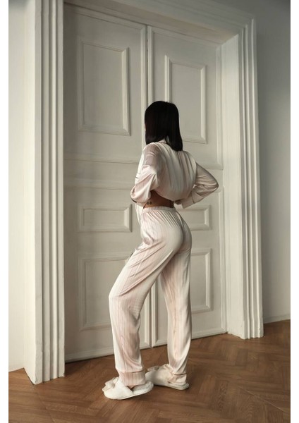 Ipek Saten Pijama Çizgili Xl - Ekru fırsatları