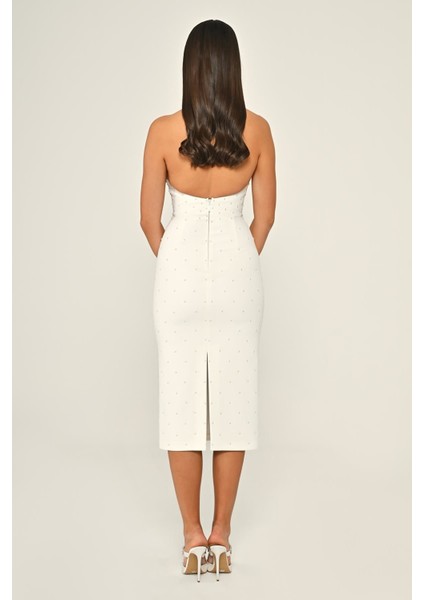 Halter Yaka Boncuklu Krep Midi Abiye Elbise Alfa Beta B7028 modelleri
