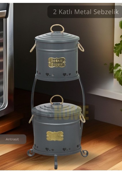 Patates Soğan Kovası 2 Katlı Sebzelik Paslanmaz Organizer Patates Soğan Sepeti Antrasit