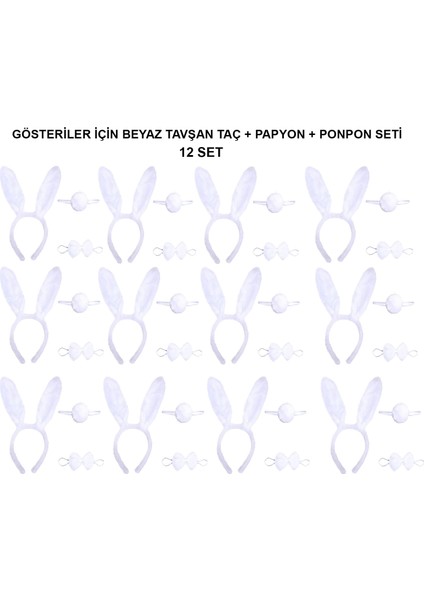 Beyaz Tavşan Kostüm Seti - Taç, Papyon, Kuyruk (12 Li Paket)
