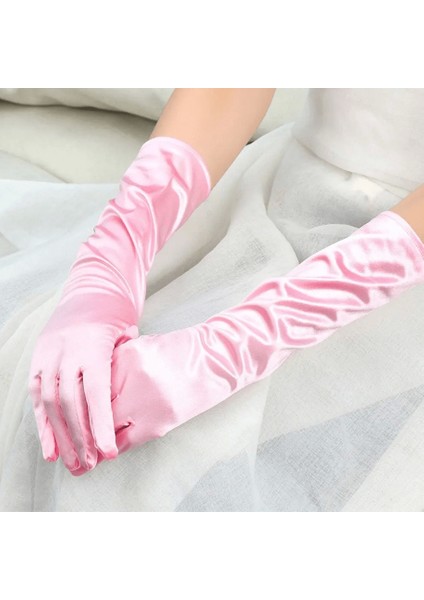 Uzun Boy Ekstra Parlak Saten Eldiven Pembe Renk - Lisinya