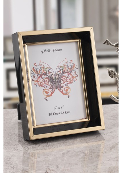 Milano Camlı Dekoratif Resim Çerçevesi Siyah-Gold Ayarlanabilir Ayaklı-Duvara Asılabilir 13X18 cm