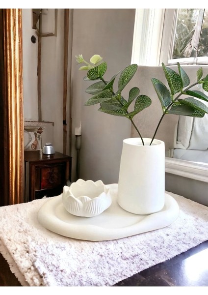 Dekoratif 3’lü Set | Oval Tabak, Silindir Vazo, Lotus Takı Tabağı fiyatları