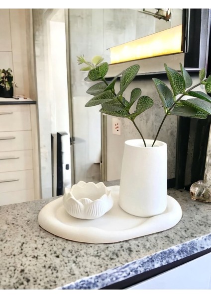 Dekoratif 3’lü Set | Oval Tabak, Silindir Vazo, Lotus Takı Tabağı fırsatları