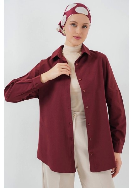 103901 Oversize Basic Tesettür Gömlek - Mürdüm