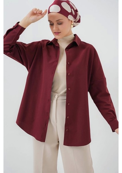 103901 Oversize Basic Tesettür Gömlek - Mürdüm modelleri