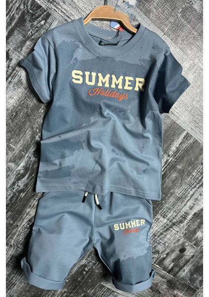 Erkek Çocuk Summer Yazı Baskılı Cep ve Ip Detaylı Mavi Şortlu Takım