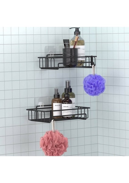 Banyo Düzenleyici Yapışkanlı Metal Banyo ve Dolap Rafı İkili Duş Rafı Organizer Şampuanlık Mat SIYAH-GNRL242