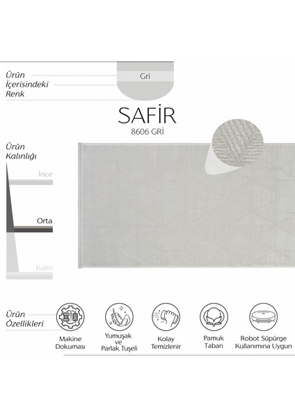 safir 8606 Gri Yolluk Geometrik Desenli Uzun Antre Hol Koridor Halısı Dokuma Yatak Odası Halı Yolluk