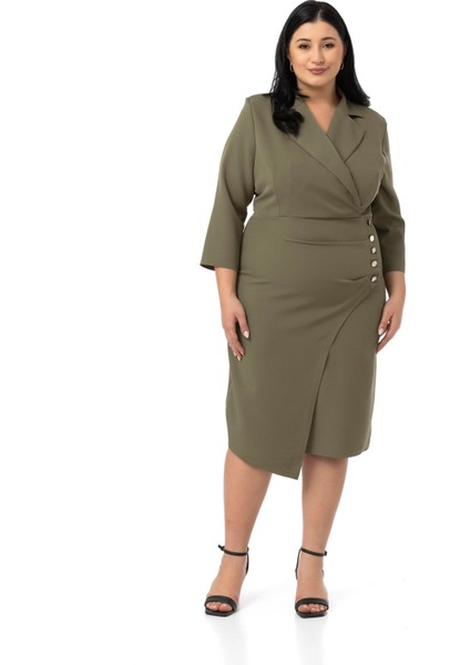 Büyük Beden Kruvaze Ceket Yaka Süs Düğme Detaylı Truvakar Kol Haki Elbise