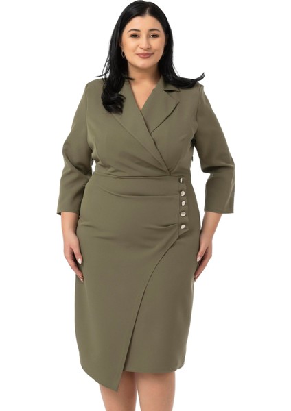 Büyük Beden Kruvaze Ceket Yaka Süs Düğme Detaylı Truvakar Kol Haki Elbise fiyatları