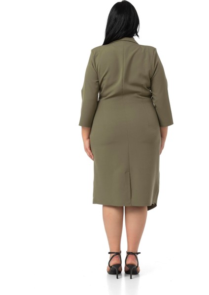 Büyük Beden Kruvaze Ceket Yaka Süs Düğme Detaylı Truvakar Kol Haki Elbise modelleri