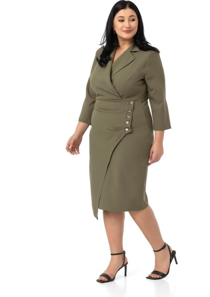 Büyük Beden Kruvaze Ceket Yaka Süs Düğme Detaylı Truvakar Kol Haki Elbise indirimleri