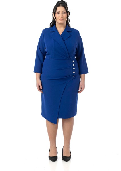 Büyük Beden Kruvaze Ceket Yaka Süs Düğme Detaylı Truvakar Kol Saks Mavi Elbise