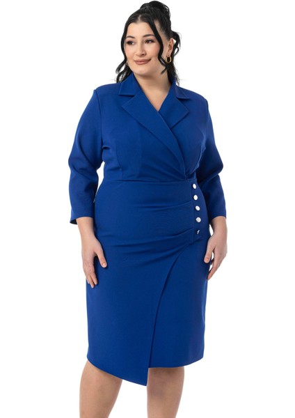Büyük Beden Kruvaze Ceket Yaka Süs Düğme Detaylı Truvakar Kol Saks Mavi Elbise fiyatları