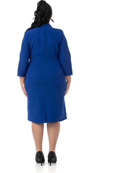 Büyük Beden Kruvaze Ceket Yaka Süs Düğme Detaylı Truvakar Kol Saks Mavi Elbise modelleri