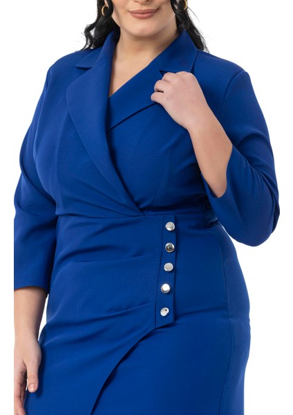 Büyük Beden Kruvaze Ceket Yaka Süs Düğme Detaylı Truvakar Kol Saks Mavi Elbise fırsatları