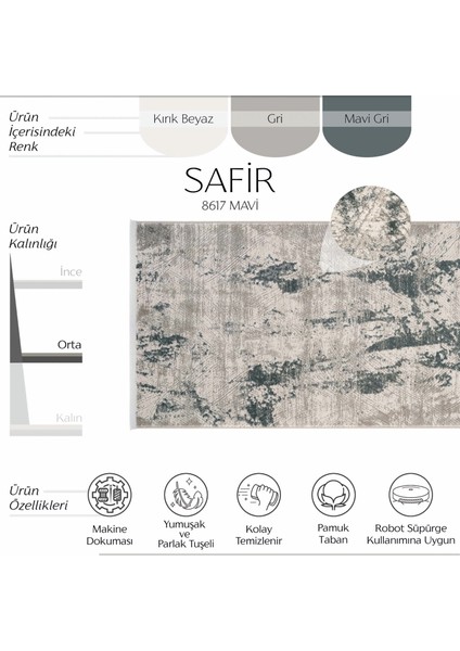 safir 8617 Mavi Yolluk Uzun Antre Hol Koridor Halısı Makine Dokuması Modern Yatak Odası Halı Yolluk